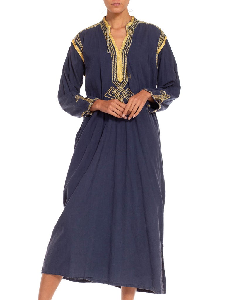 1970S Navy and Gold Cotton Egyptian Art Deco Corded Trim Pattern Kaftan