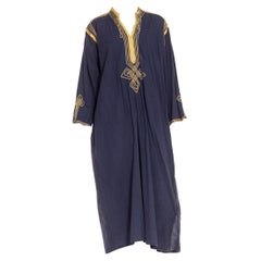 1970S Navy & Gold Cotton Egyptian Art Deco Corded Trim Pattern Kaftan