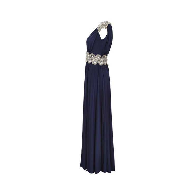1970s Navy Jersey Haute Couture Grecian Style Dress