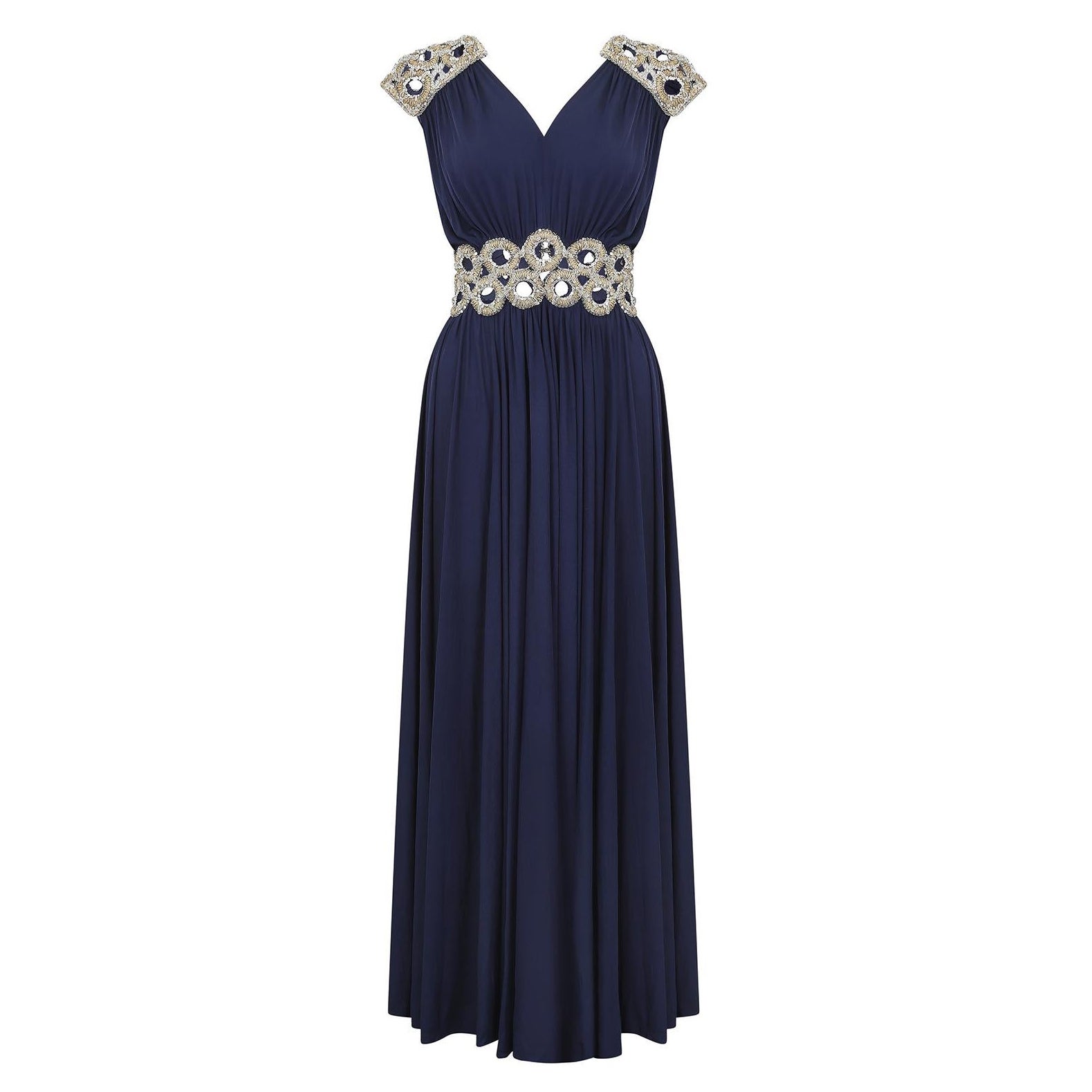 Robe haute couture grecque en jersey bleu marine des années 1970