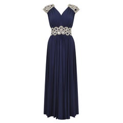 Abito anni '70 in jersey navy Haute Couture in stile greco