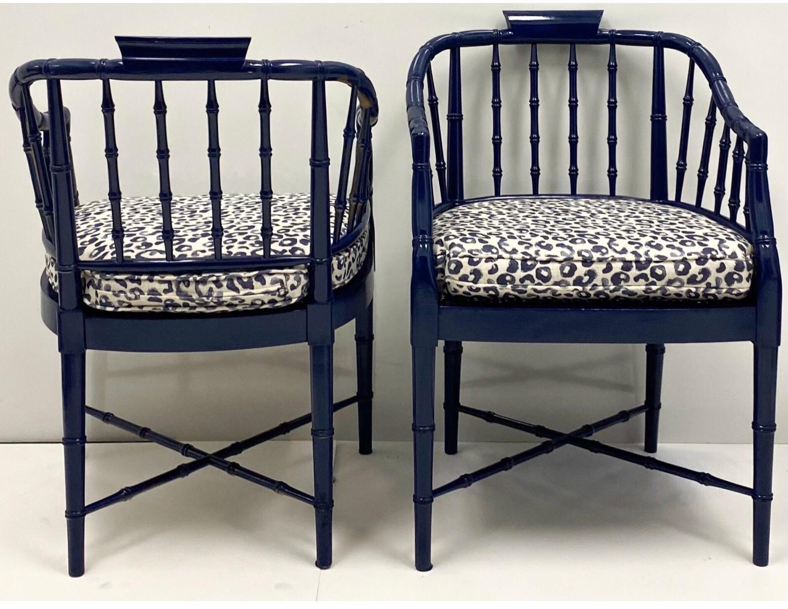 Chippendale 1970s Navy Lacquered Faux Bamboo Barrel Chairs with Leopard Cushions, a Pair