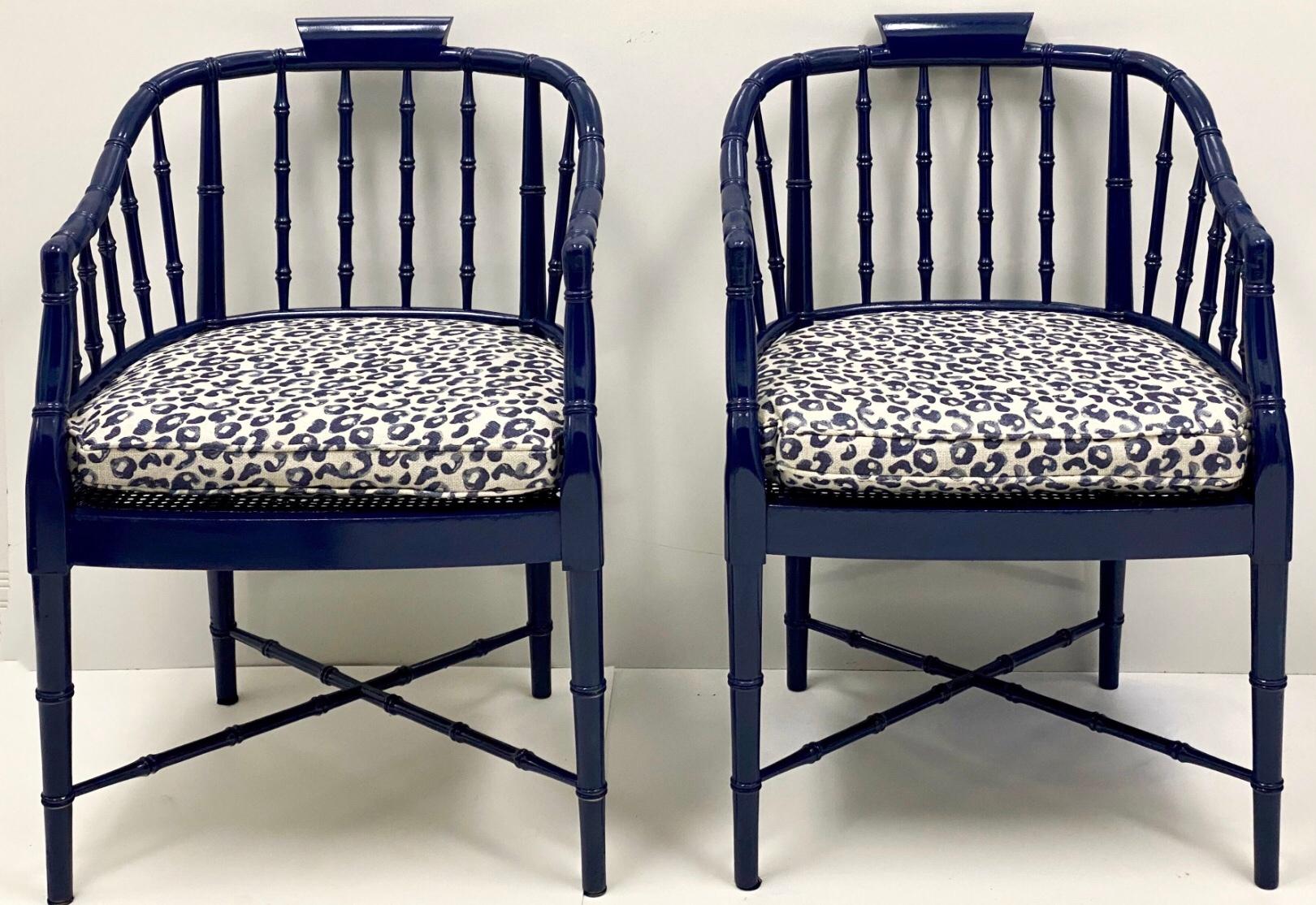 American 1970s Navy Lacquered Faux Bamboo Barrel Chairs with Leopard Cushions, a Pair