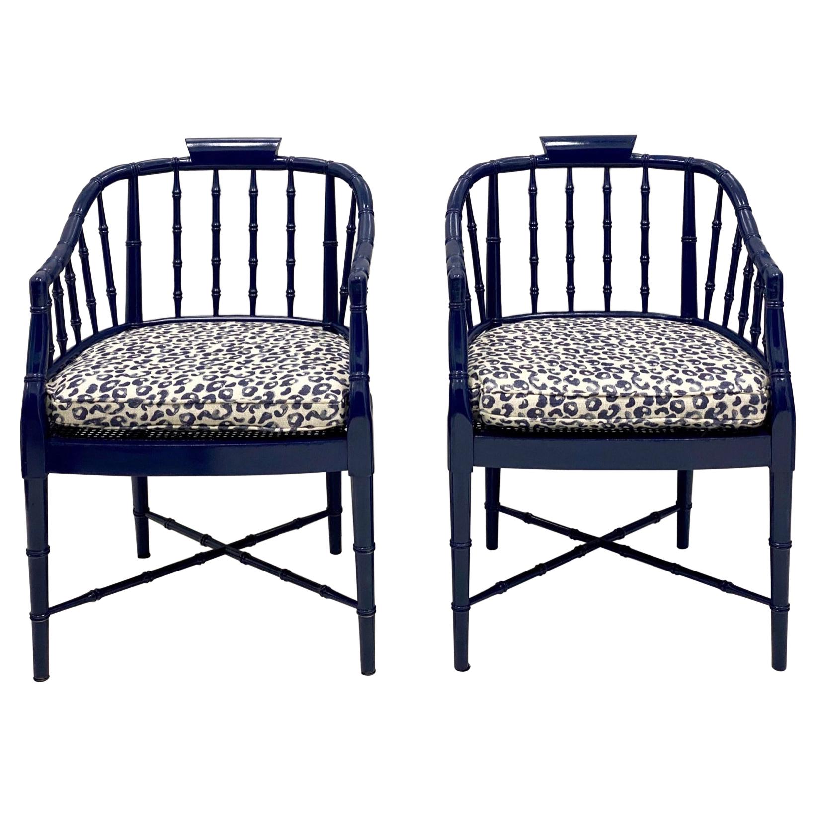 1970s Navy Lacquered Faux Bamboo Barrel Chairs with Leopard Cushions, a Pair