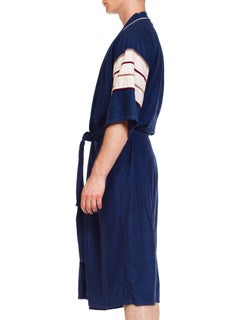1970S Navy Men's Velour Fleece Striped Sleeve Loungewear  Robe