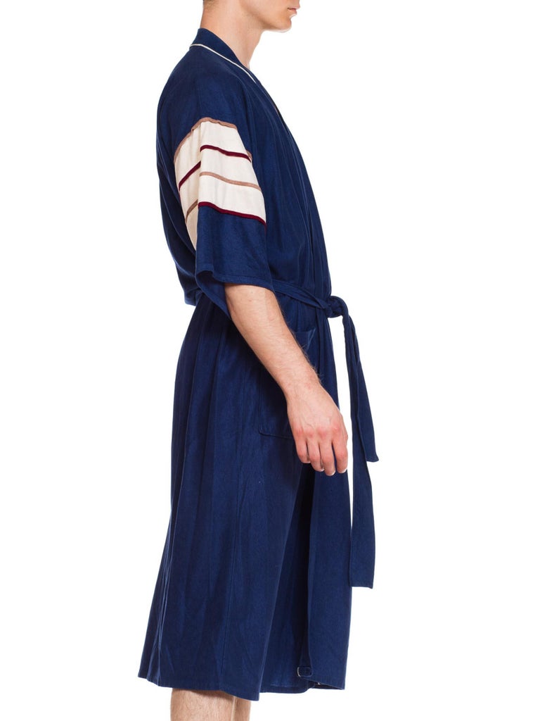 1970S Navy Men's Velour Fleece Striped Sleeve Loungewear Robe For Sale ...