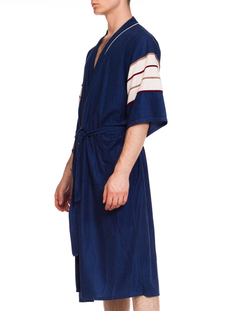 1970S Navy Men's Velour Fleece Striped Sleeve Loungewear Robe For Sale ...