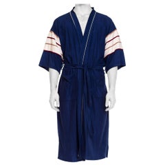 Used 1970S Navy Men's Velour Fleece Striped Sleeve Loungewear  Robe