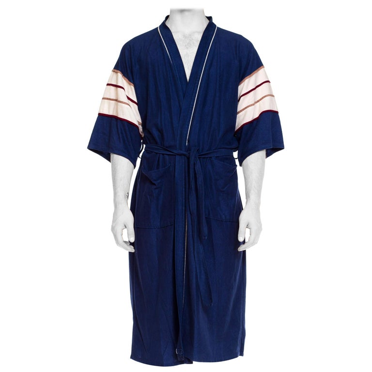 1970S Navy Men's Velour Fleece Striped Sleeve Loungewear Robe For Sale