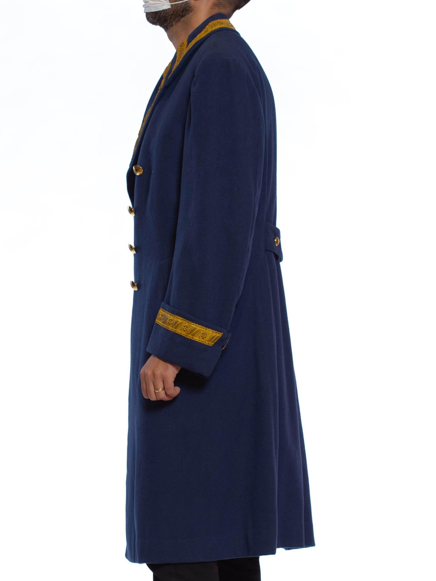 1970S Navy Wool Men's Double Breasted Military Coat With Gold Trim And Brass Buttons