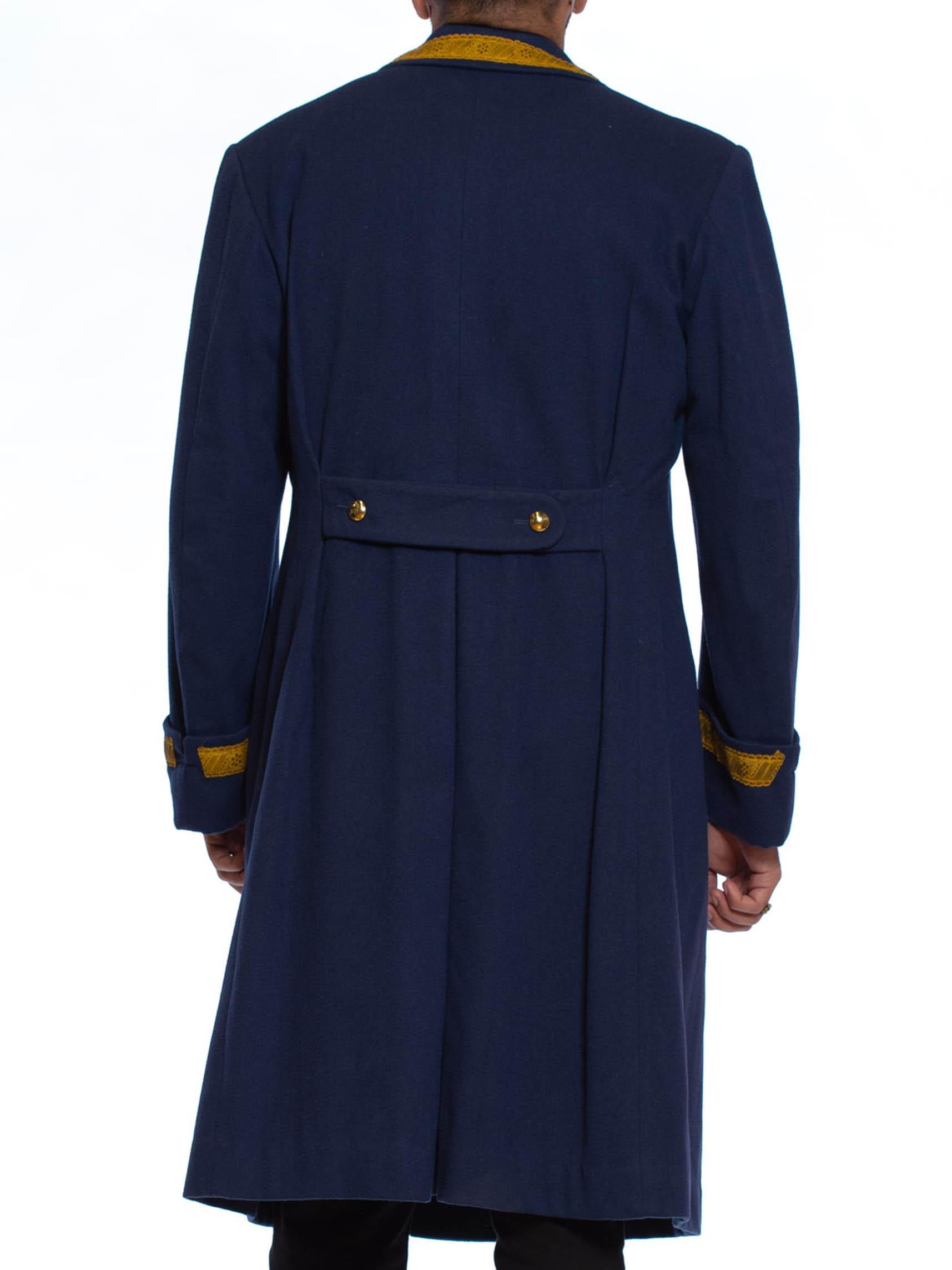 Black 1970S Navy Wool Men's Double Breasted Military Coat With Gold Trim And Brass Bu For Sale