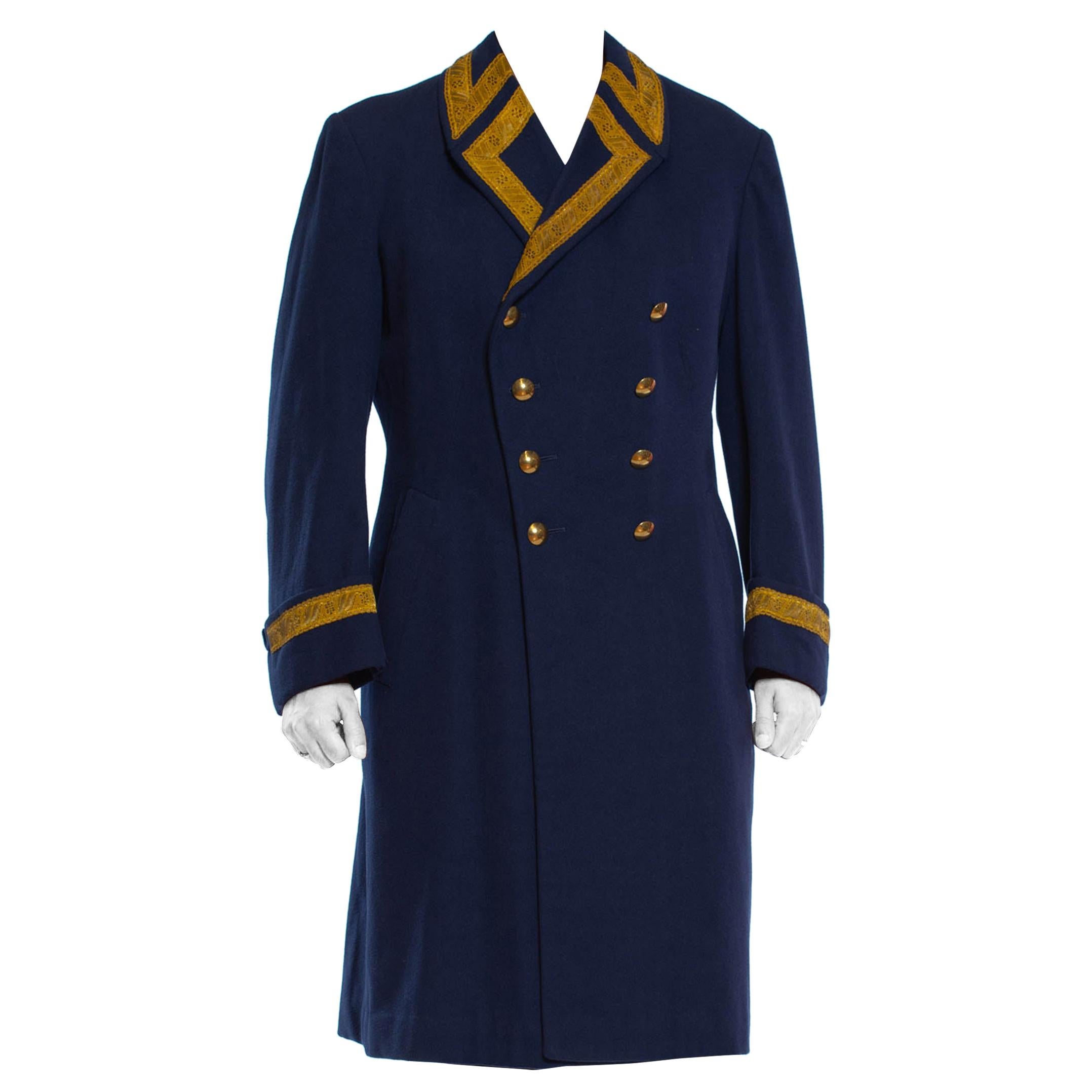 1970S Navy Wool Men's Double Breasted Military Coat With Gold Trim And Brass Bu For Sale