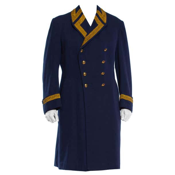 1970S Navy Wool Men's Double Breasted Military Coat With Gold Trim And ...