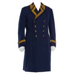 Vintage 1970S Navy Wool Men's Double Breasted Military Coat With Gold Trim And Brass Bu