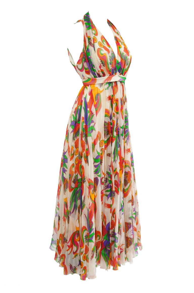 1970s Neiman Marcus Floral Silk Chiffon Maxi Dress at 1stDibs