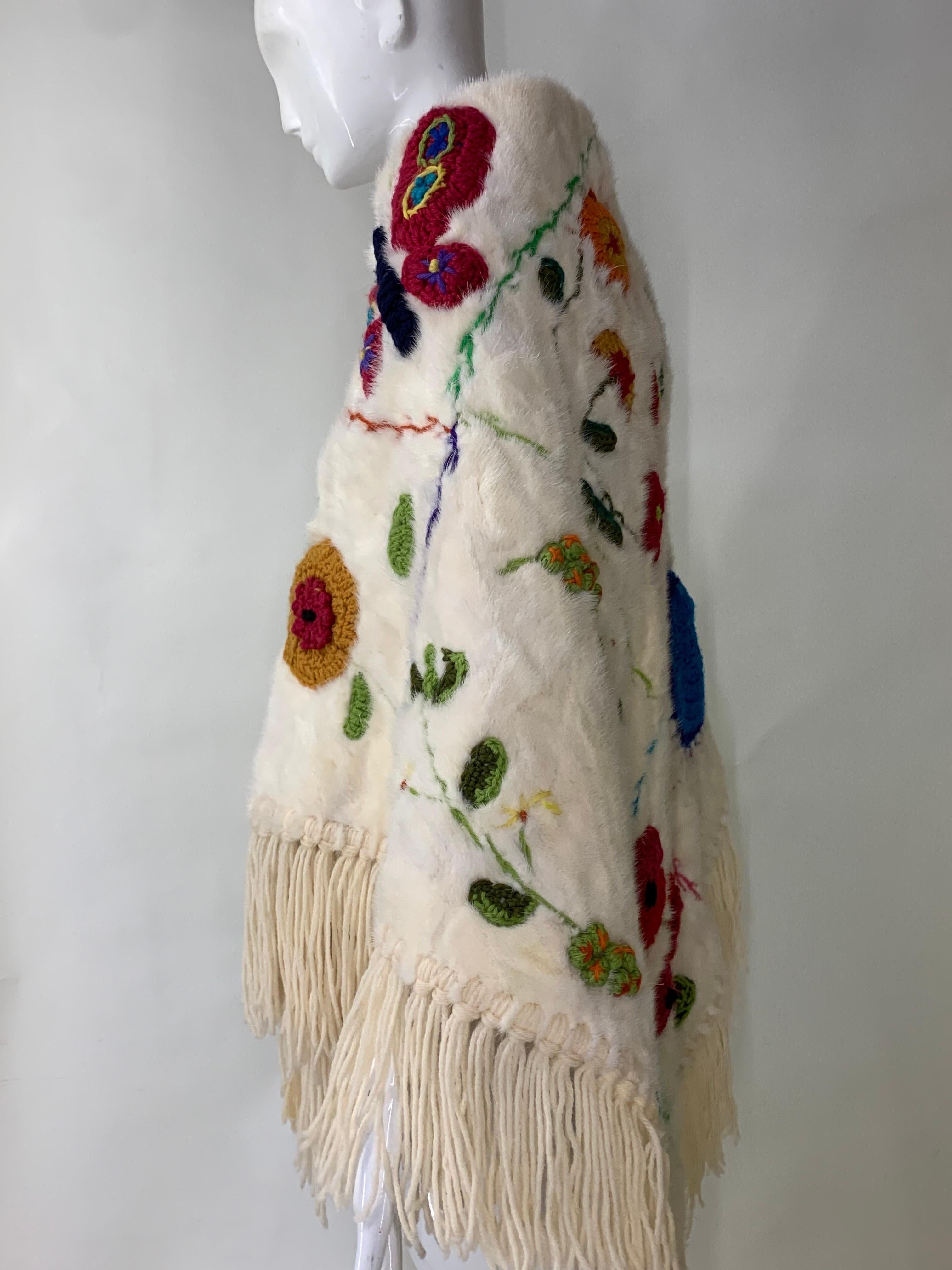 1970s Neiman Marcus Large Sheared White Mink Shawl w Colorful Wool Yarn Work  For Sale 8