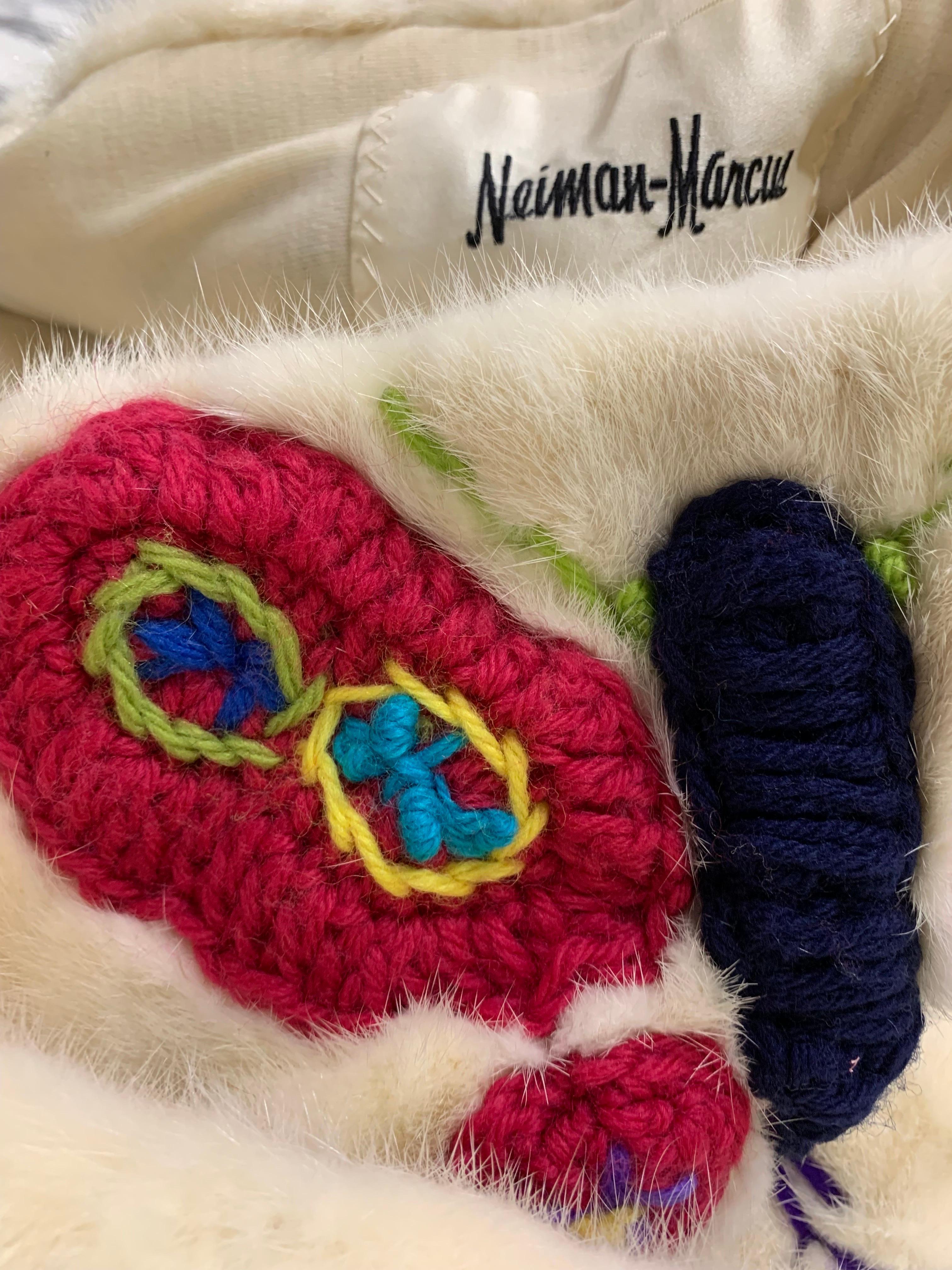 1970s Neiman Marcus Large Sheared White Mink Shawl w Colorful Wool Yarn Work  For Sale 14