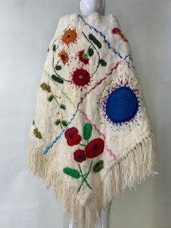 1970s Neiman Marcus Large Sheared White Mink Shawl w Colorful Wool Yarn Work
