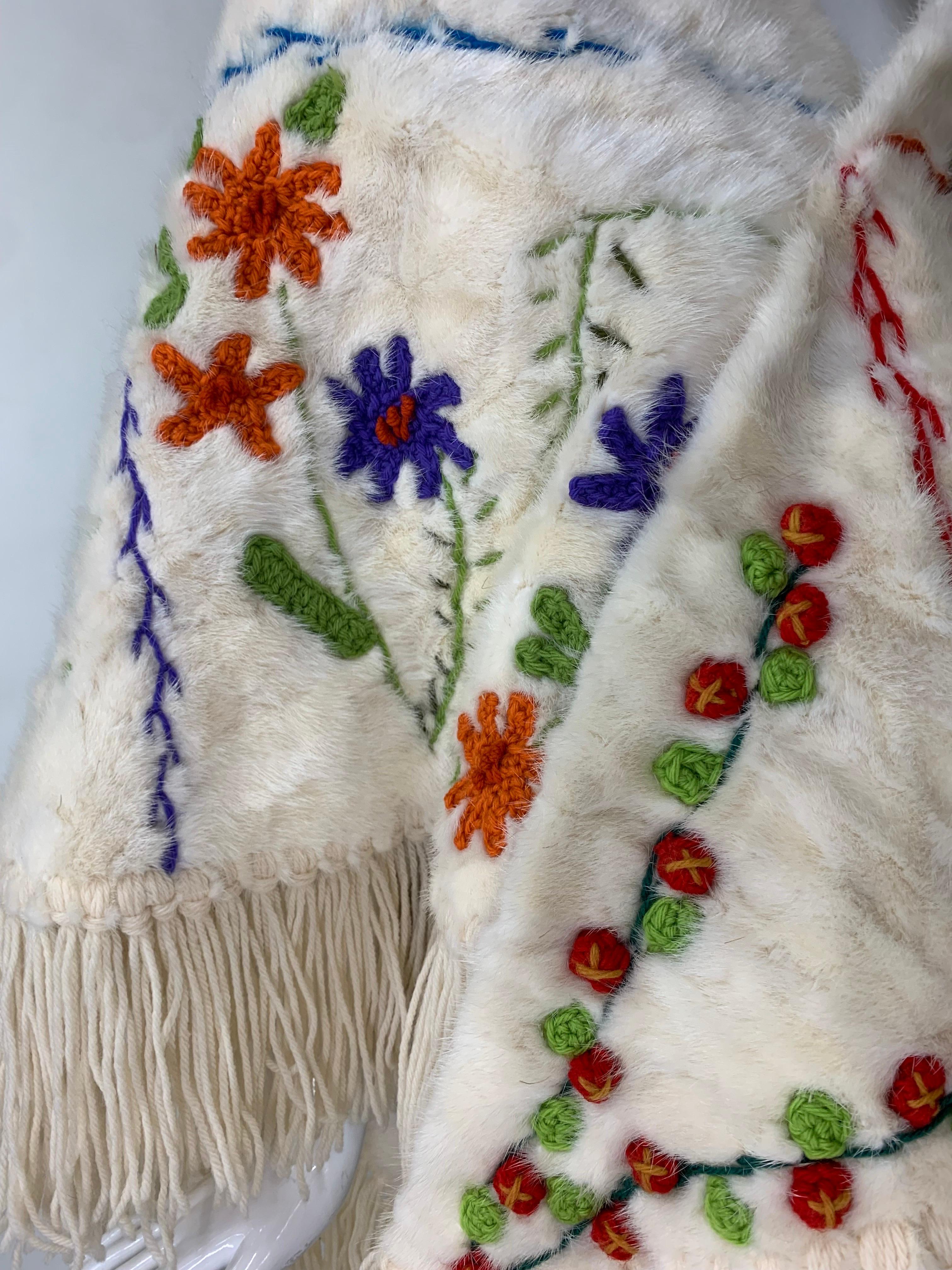 1970s Neiman Marcus Large Sheared White Mink Shawl w Colorful Wool Yarn Work  For Sale 1