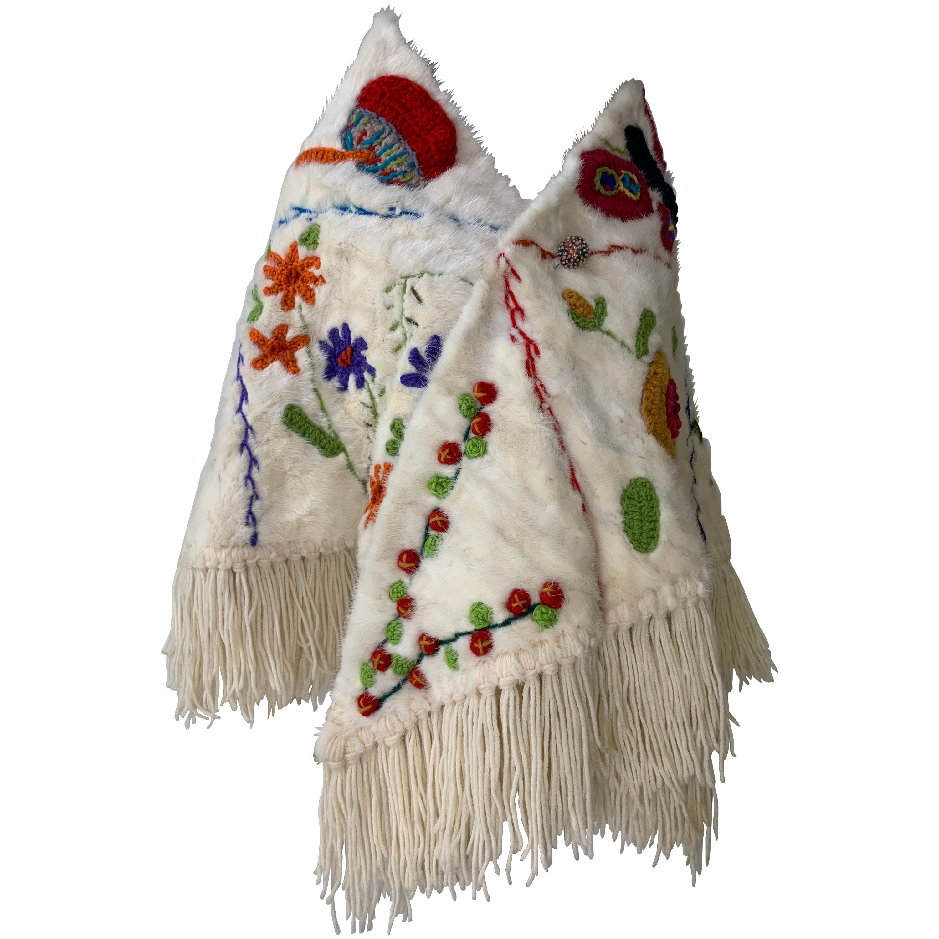 1970s Neiman Marcus Large Sheared White Mink Shawl w Colorful Wool Yarn Work For Sale