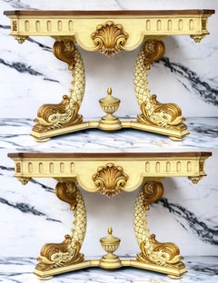 1970s Neo-Classical Style Carved Giltwood Console Tables With Dolphins -Pair