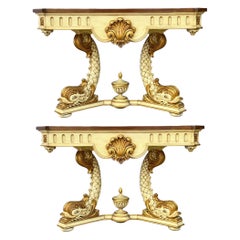 1970s Neo-Classical Style Carved Giltwood Console Tables With Dolphins -Pair