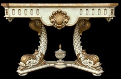 1970s Neo-Classical Style Carved Giltwood Faux Marble Console Table W/ Dolphin