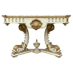 1970s Neo-Classical Style Carved Giltwood Faux Marble Console Table W/ Dolphin