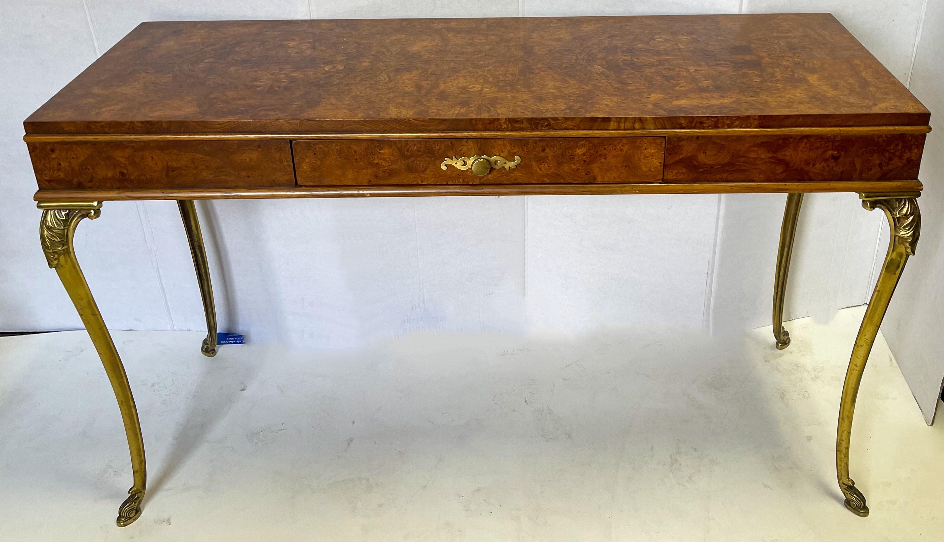 Late 20th Century 1970s Neo-Classical Style Italian Burl and Brass Console Table or Desk