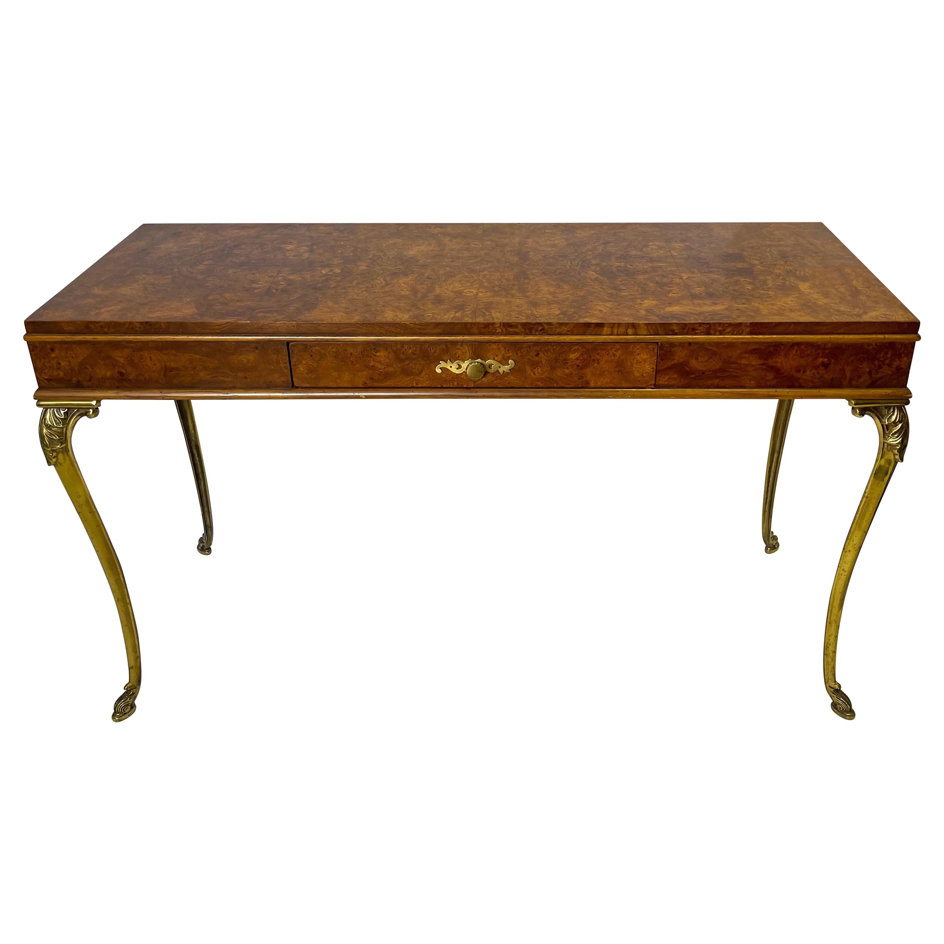 1970s Neo-Classical Style Italian Burl and Brass Console Table or Desk