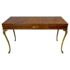 1970s Neo-Classical Style Italian Burl and Brass Console Table or Desk