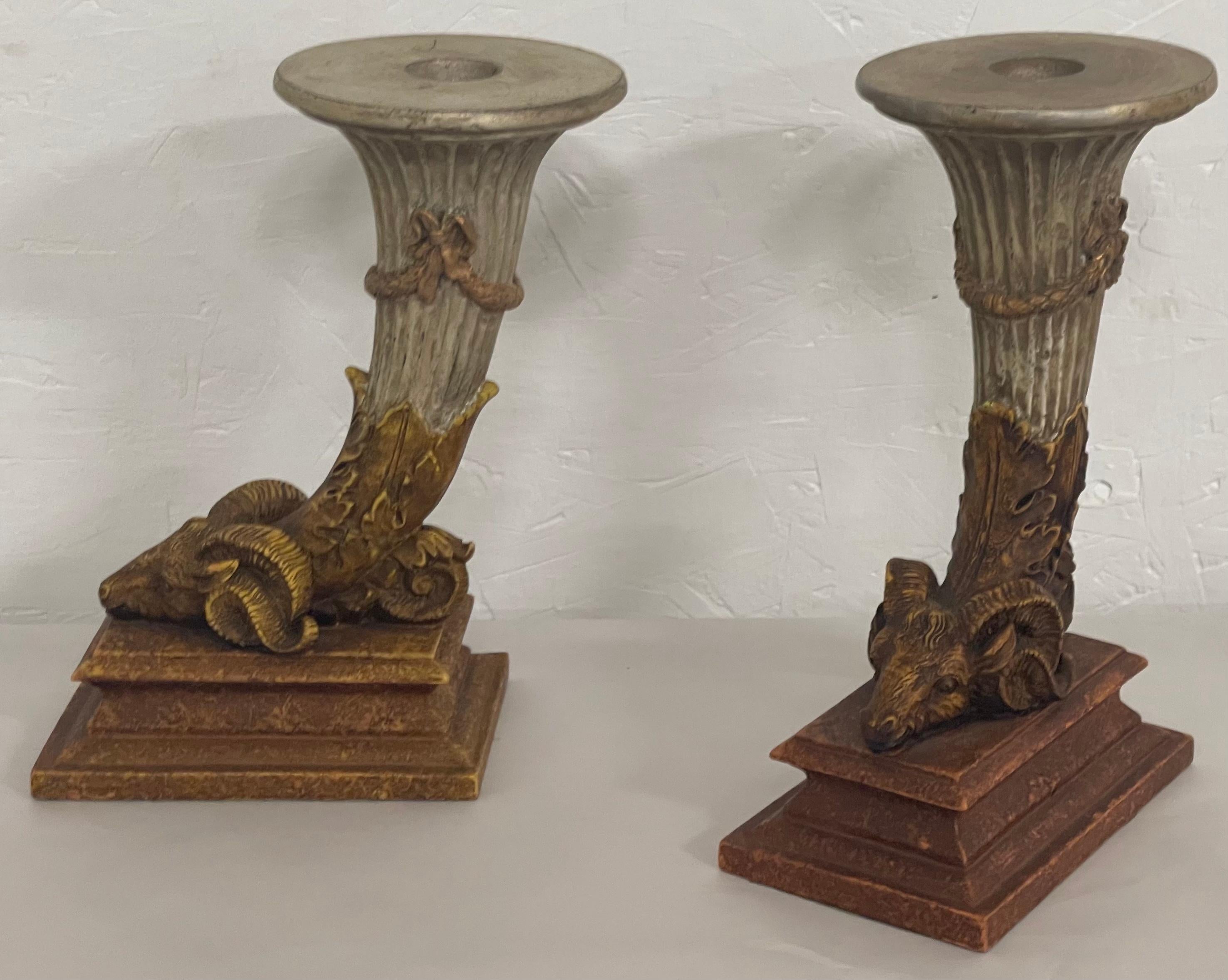 Late 20th Century 1970s Neo-Classical Style Italian Ram Form Candlesticks, Pair For Sale