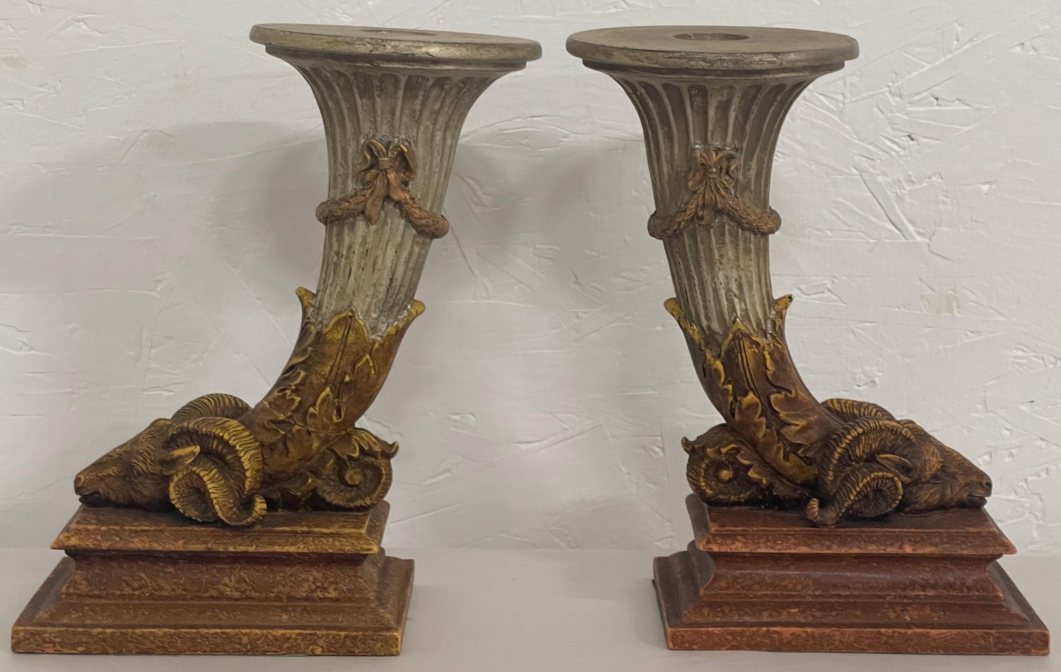 Composition 1970s Neo-Classical Style Italian Ram Form Candlesticks, Pair For Sale