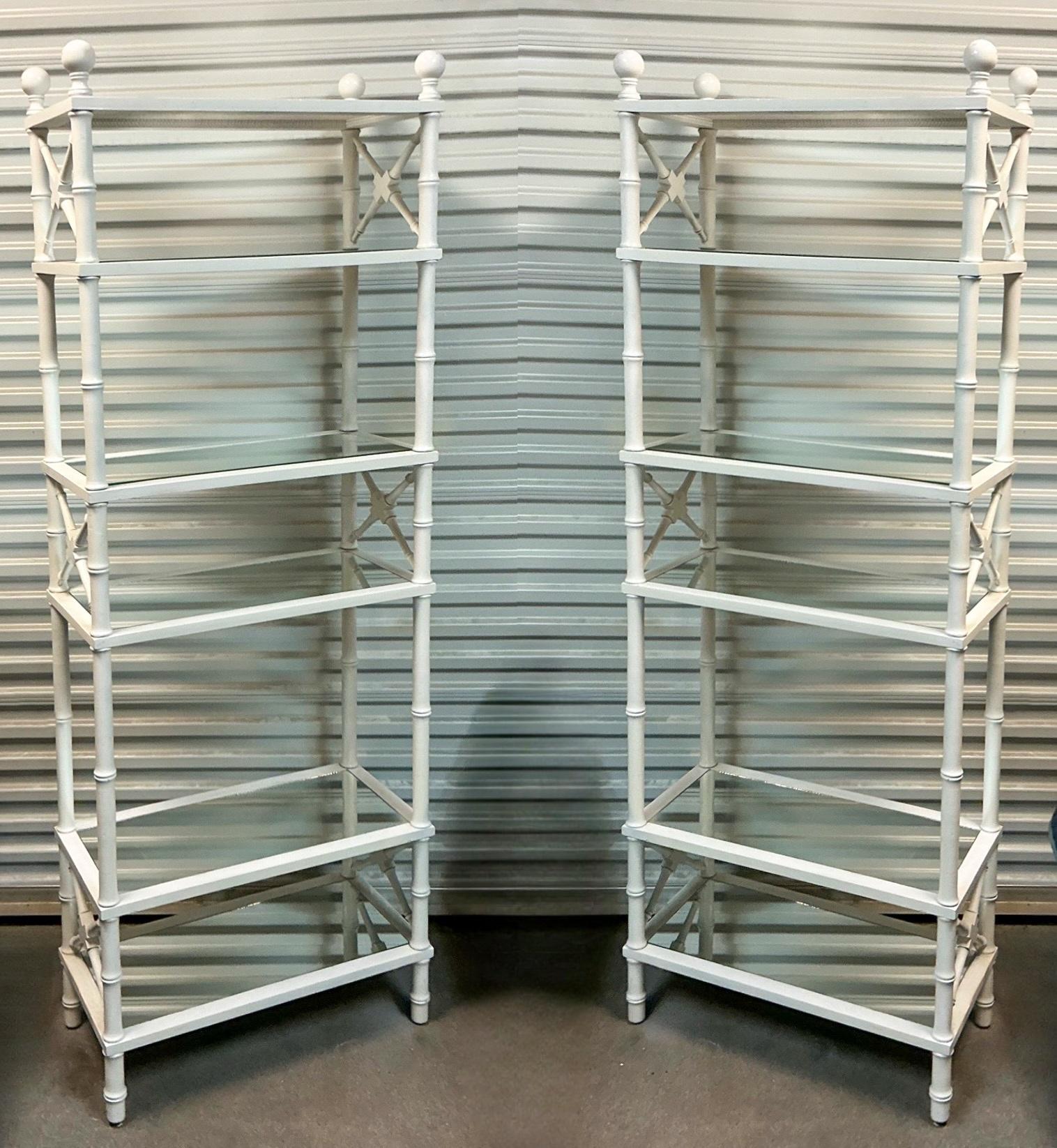 American 1970s Neo-Classical Style White Faux Bamboo Etageres / Shelves / Bookcases -Pair