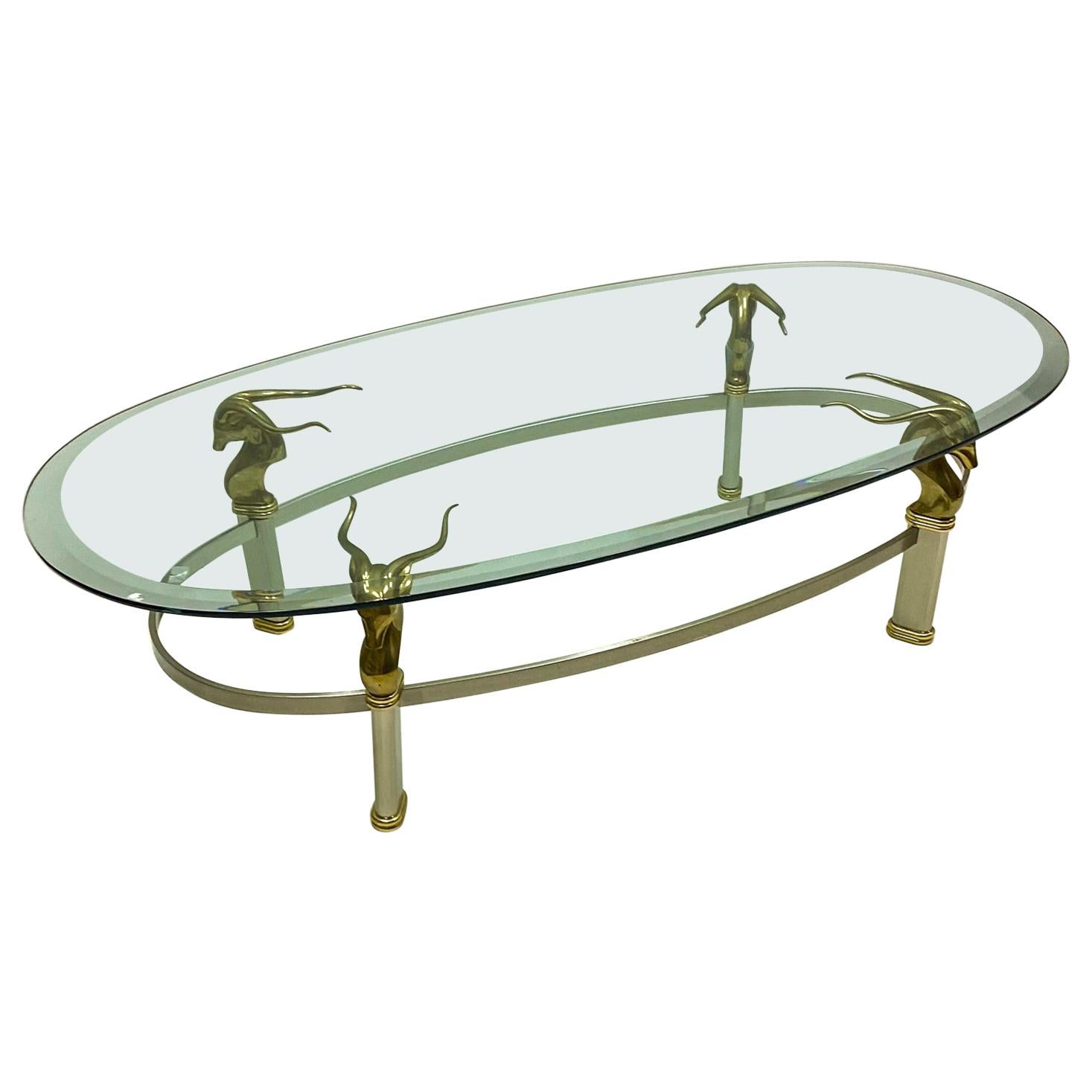 1970s Neoclassical Style Italian Brass, Steel, and Glass Coffee Table