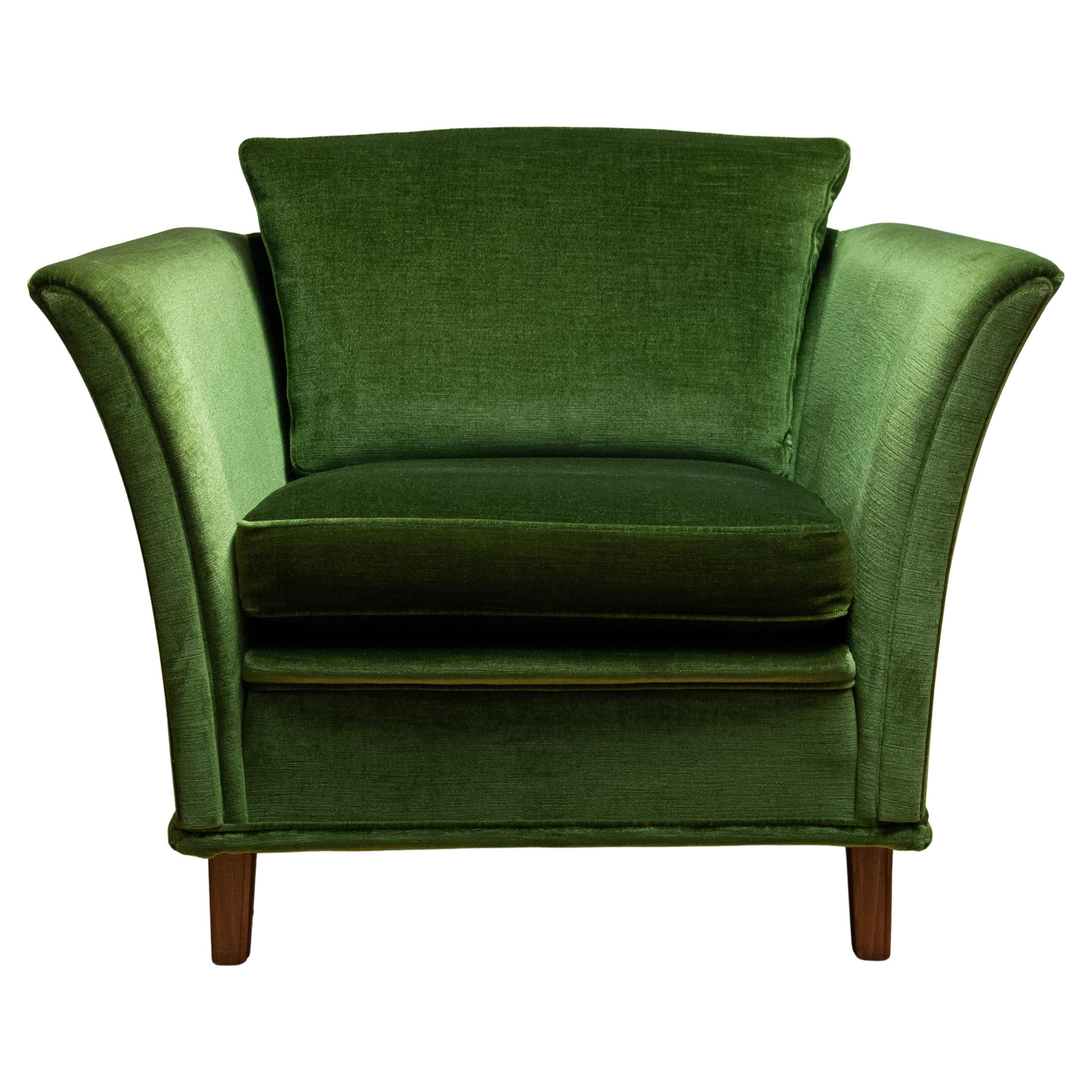 1970s Neoclassical Swedish Club Chairs Upholstered With Green Velvet Fabric