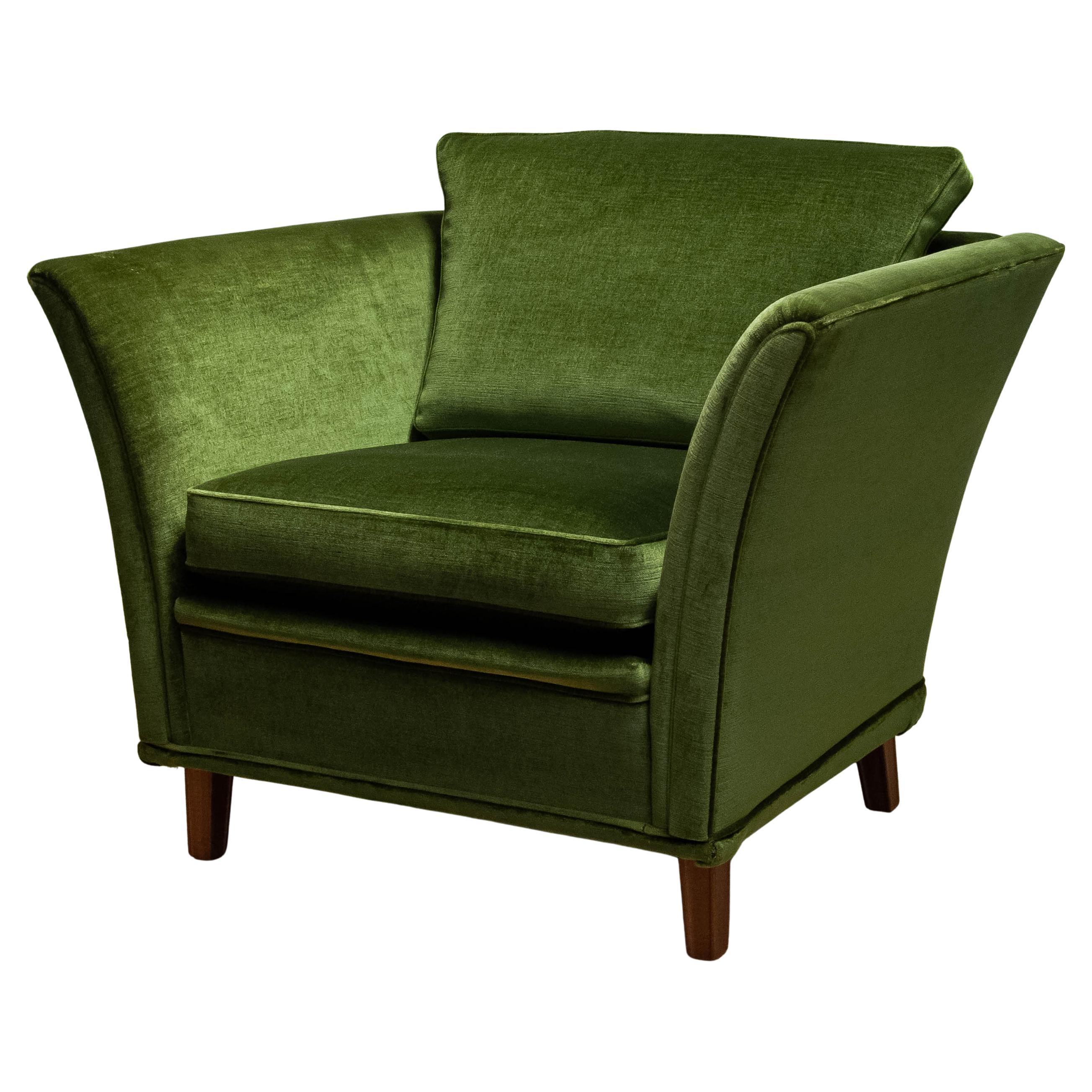 1970s Neoclassical Swedish Club Chairs Upholstered With Green Velvet Fabric