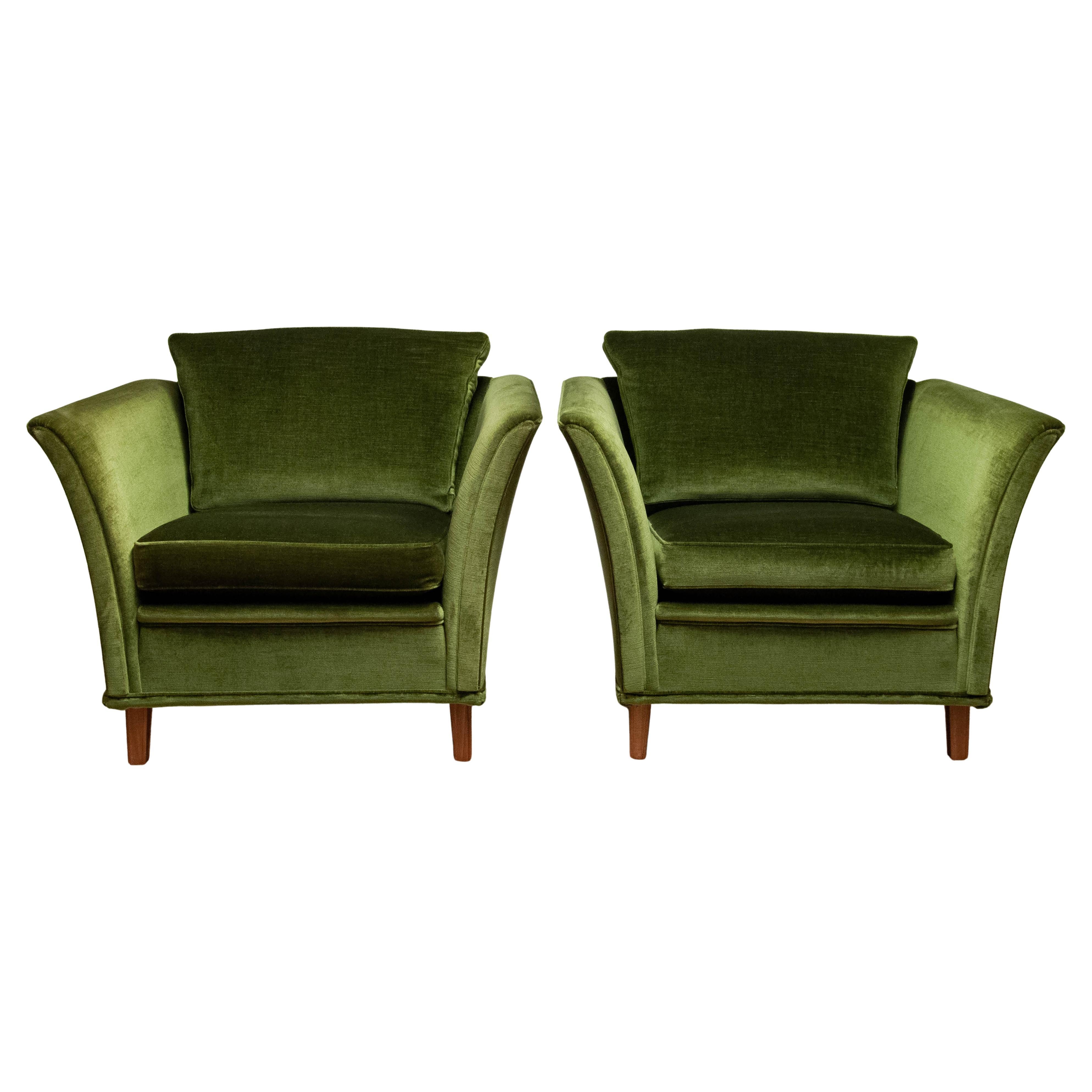 1970s Neoclassical Swedish Club Chairs Upholstered With Green Velvet Fabric