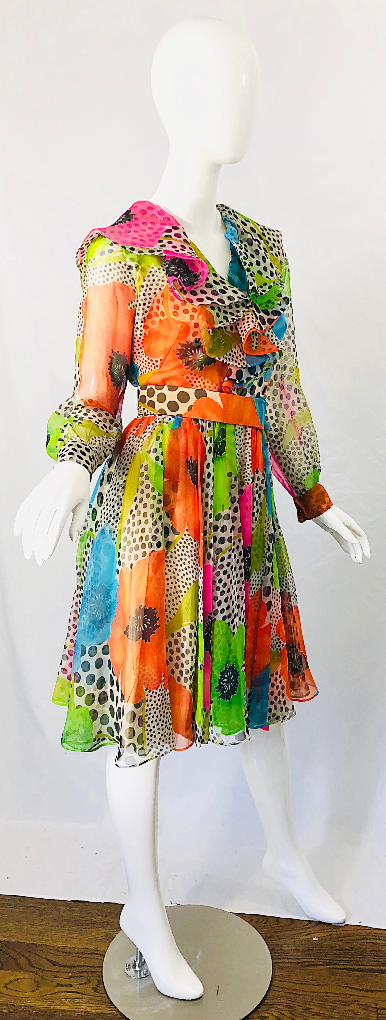 1970s Neon Chiffon Flowers + Polka Dots Ruffle Neck Vintage 70s Belted Dress 3