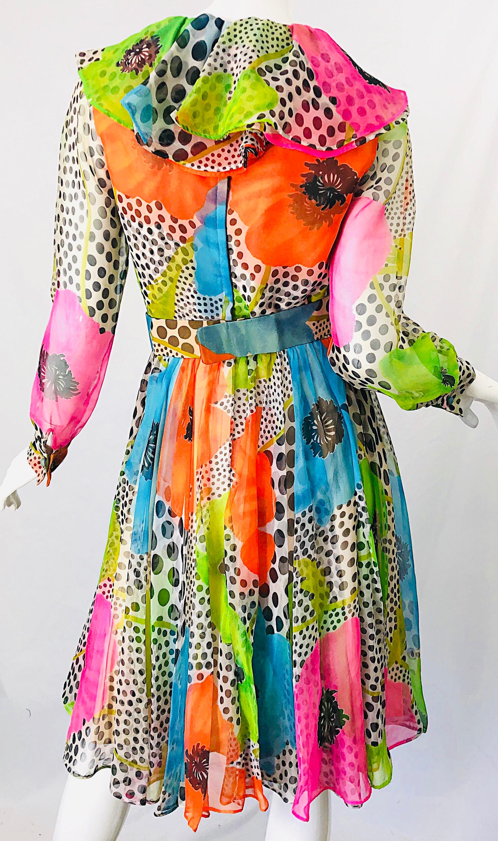 1970s Neon Chiffon Flowers + Polka Dots Ruffle Neck Vintage 70s Belted Dress 4