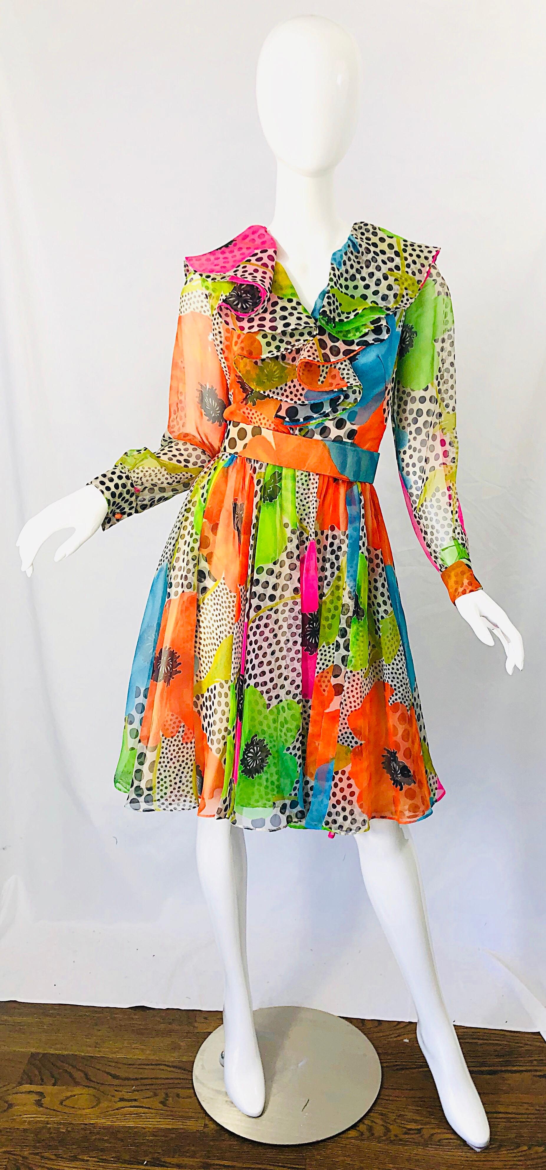 1970s Neon Chiffon Flowers + Polka Dots Ruffle Neck Vintage 70s Belted Dress 5