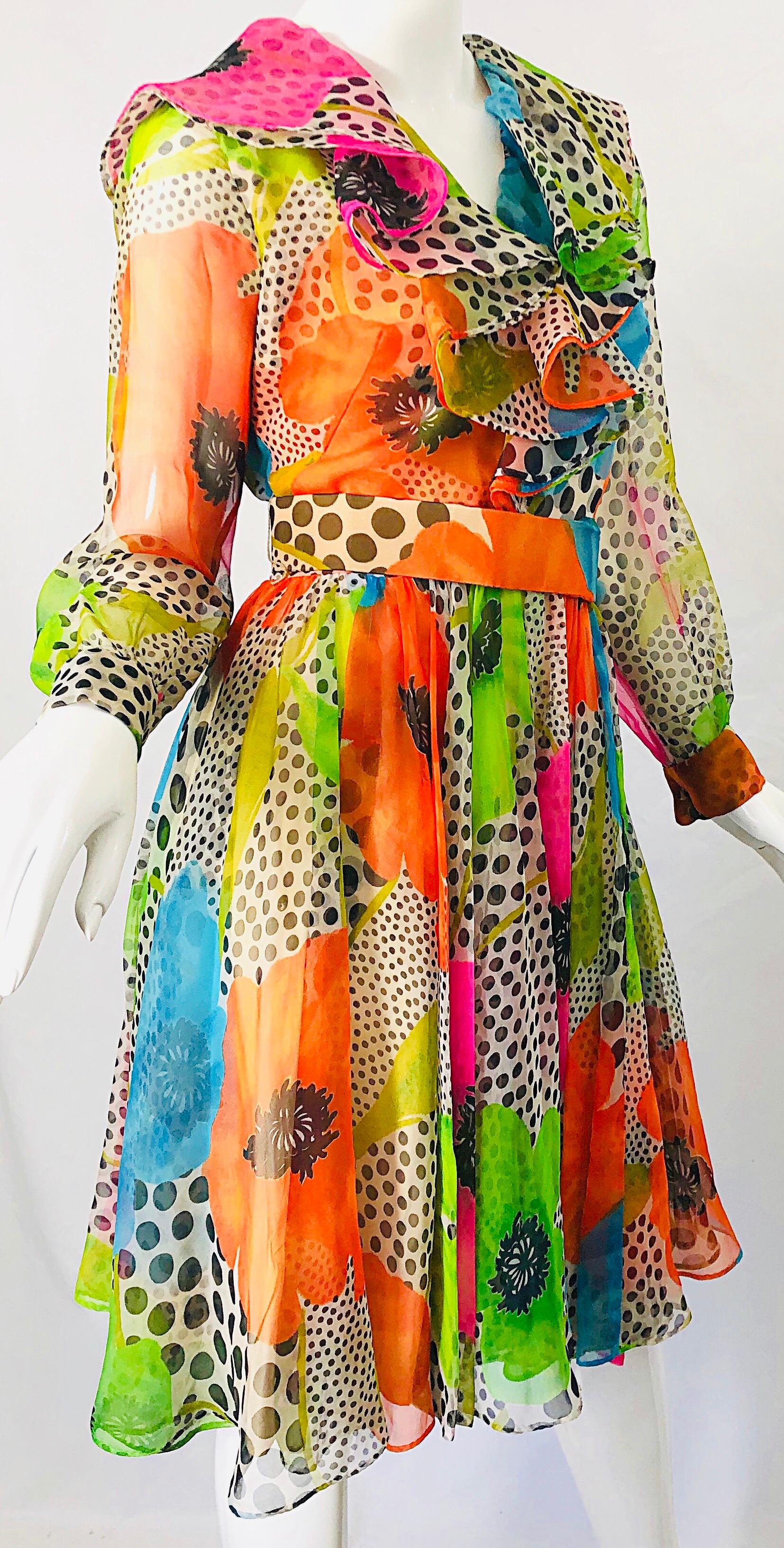 1970s Neon Chiffon Flowers + Polka Dots Ruffle Neck Vintage 70s Belted Dress In Excellent Condition In San Diego, CA