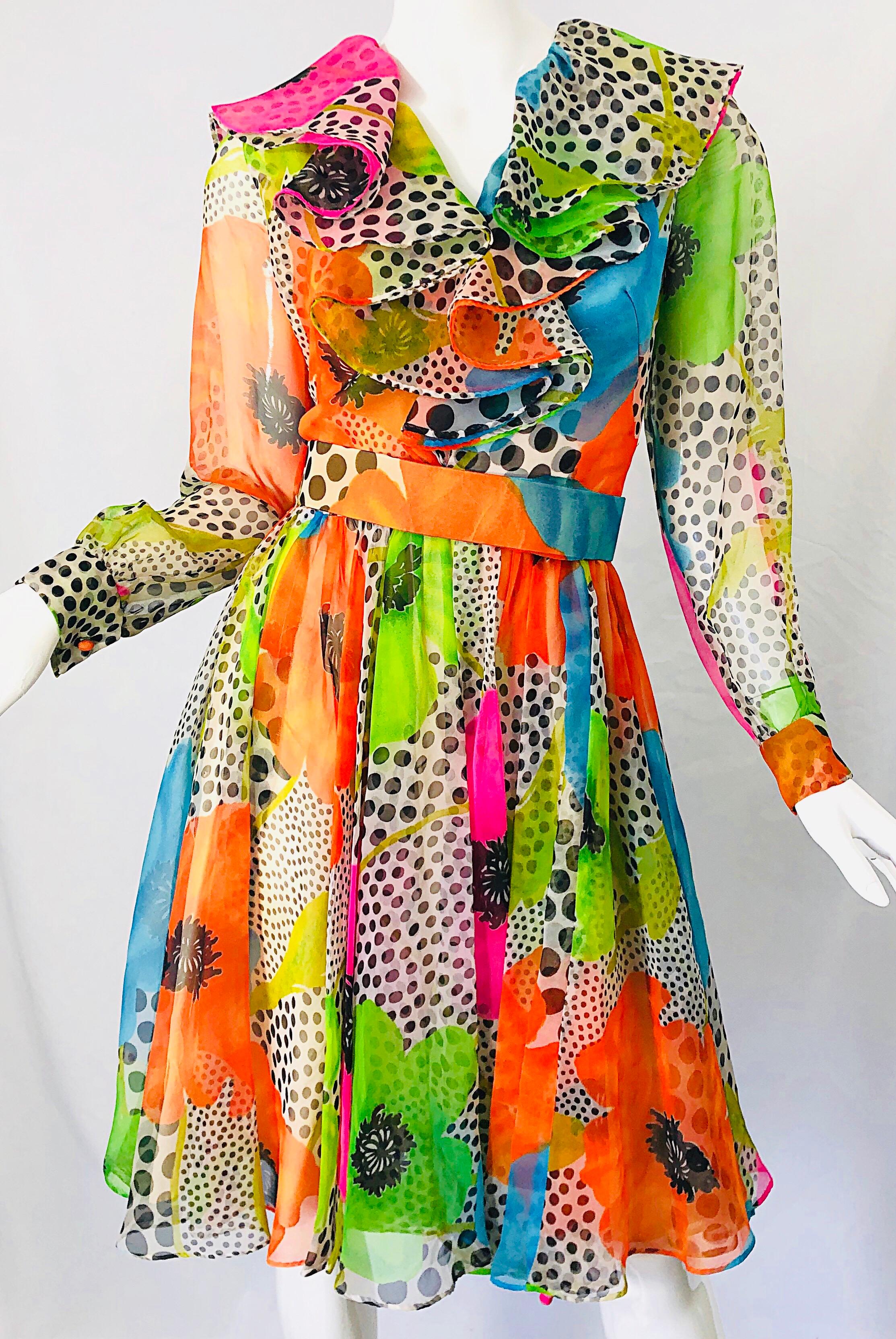 Women's 1970s Neon Chiffon Flowers + Polka Dots Ruffle Neck Vintage 70s Belted Dress