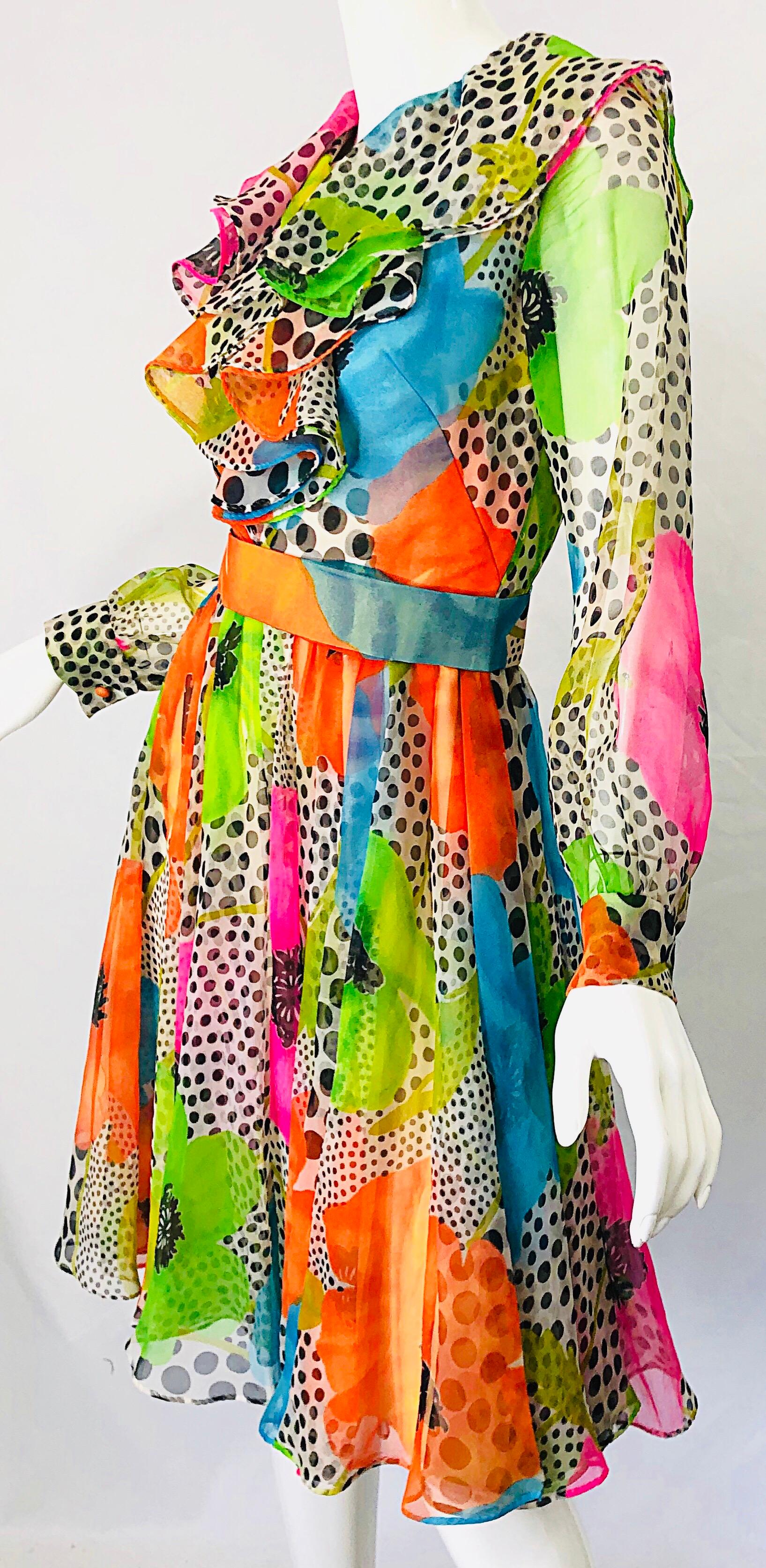 1970s Neon Chiffon Flowers + Polka Dots Ruffle Neck Vintage 70s Belted Dress 1