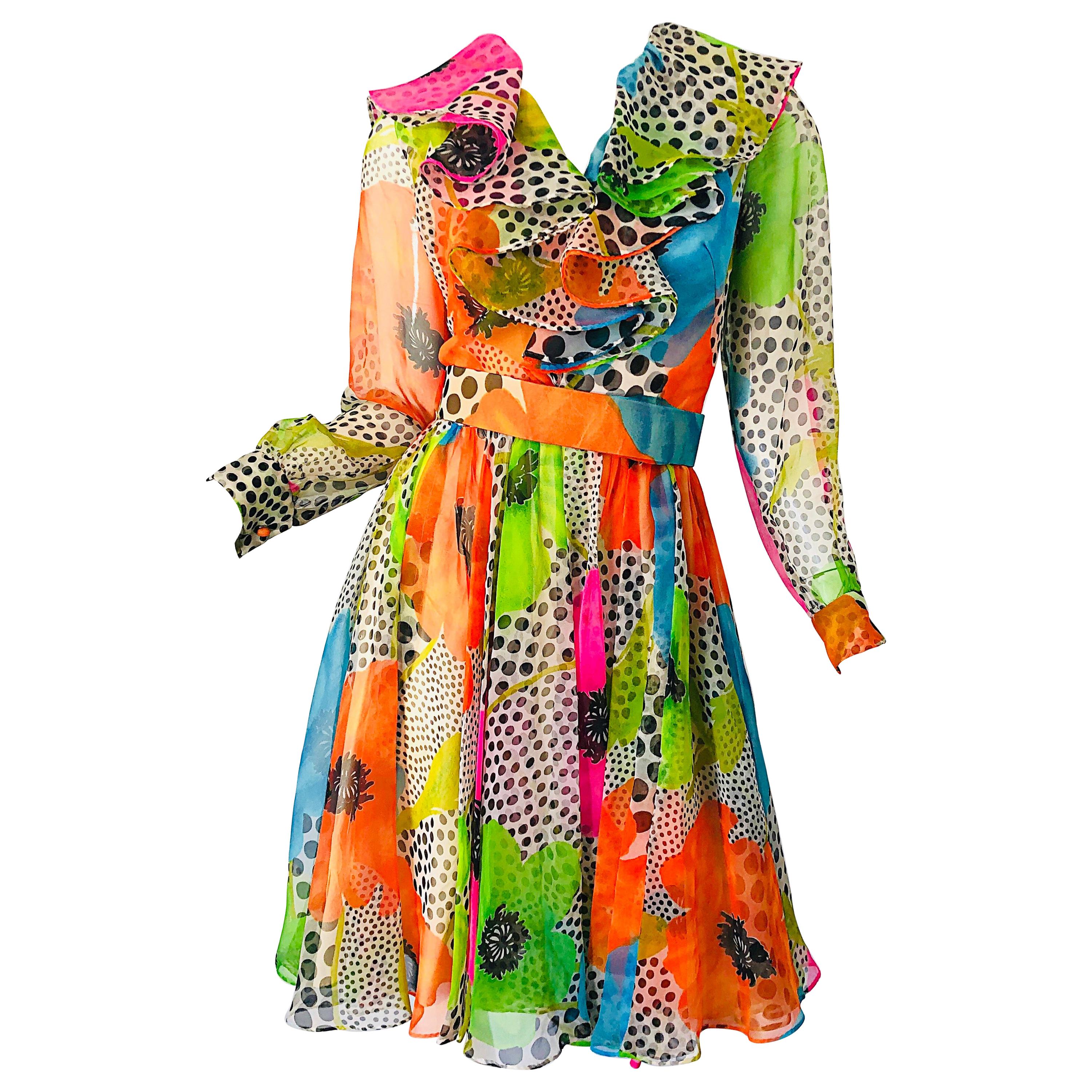 1970s Neon Chiffon Flowers + Polka Dots Ruffle Neck Vintage 70s Belted Dress