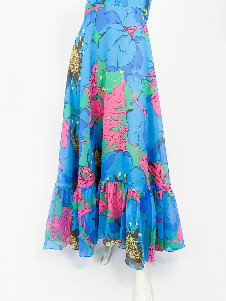 1970s Neon Floral Psychedelic Printed Dress at 1stDibs