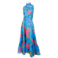 1970s Neon Floral Psychedelic Printed Dress