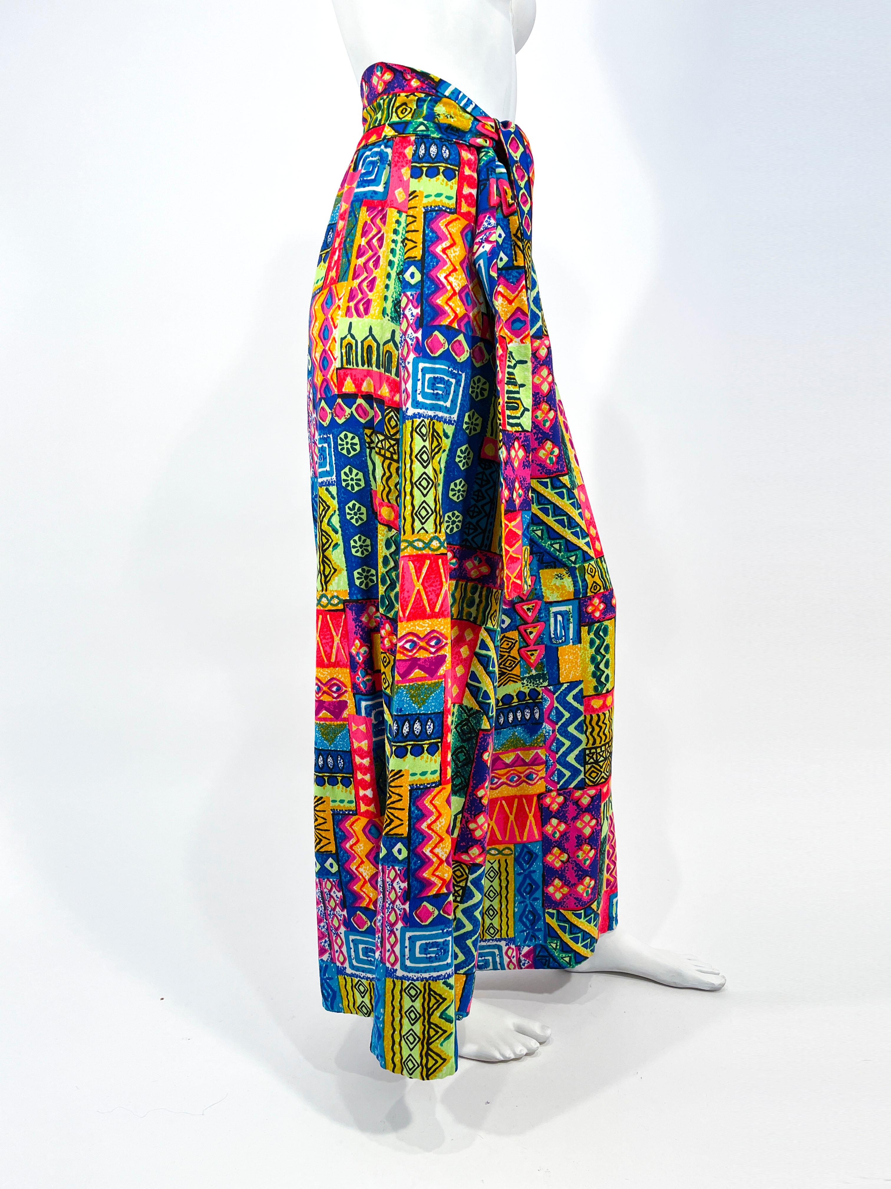 1970s Neon Printed Bark-Cloth Palazzo Pants In Good Condition For Sale In San Francisco, CA