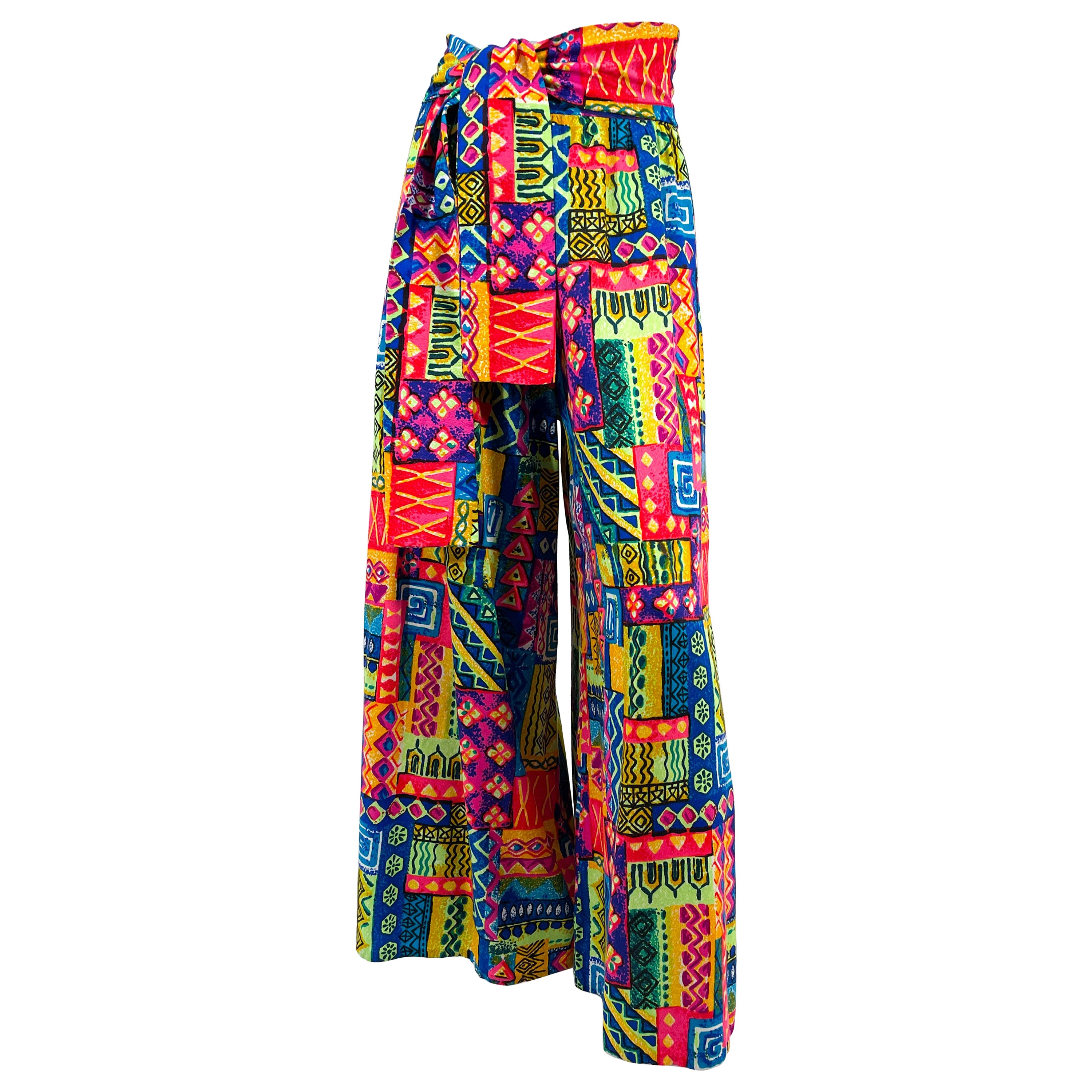 1970er Neon bedruckte Palazzo-Hose aus Rindenstoff
