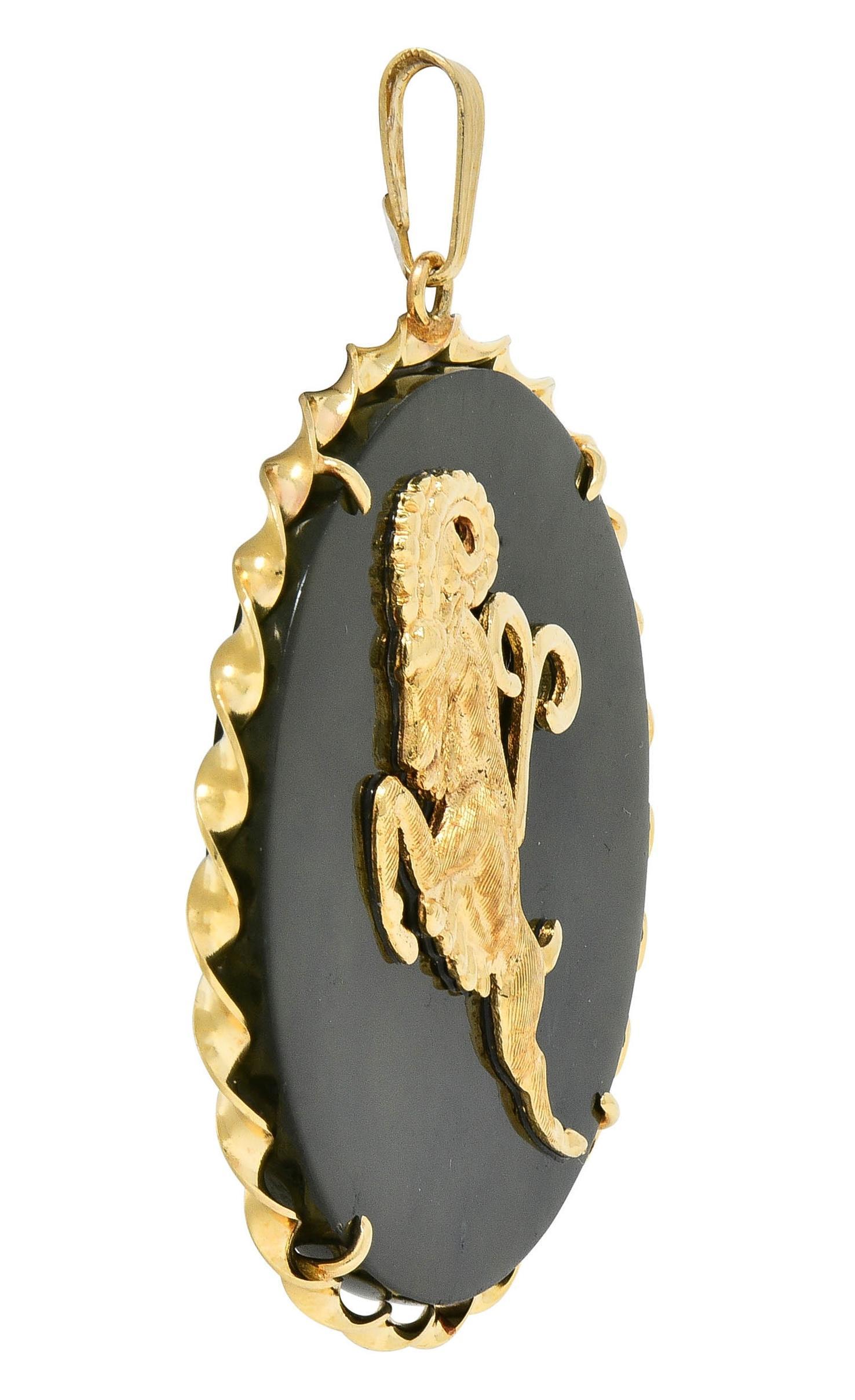 Women's or Men's 1970's Nephrite Jade 14 Karat Yellow Gold Vintage Aries Zodiac Pendant